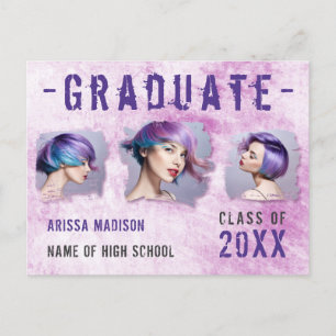 Modern Cool 3 Photo Pink Purple Grad Announcement Postcard