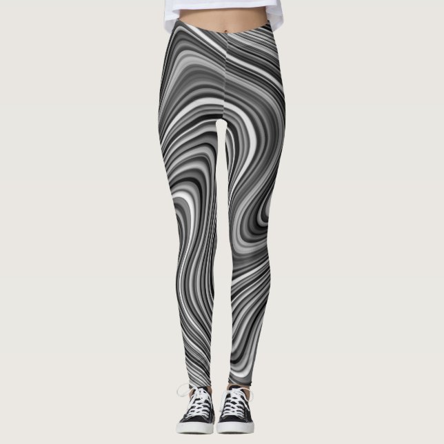 Modern Cool Black White Silver Grey Curvy Lines Leggings (Front)