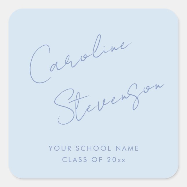 Modern Cool Blue Script Personalised Graduation Square Sticker (Front)