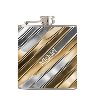 Modern, cool, chic, silver and gold stripe pattern hip flask