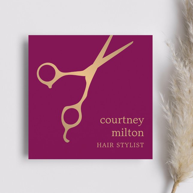 Modern Cool Deep Red Faux Gold Scissor Hairstylist Square Business Card (Creator Uploaded)