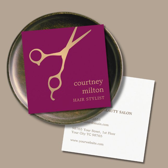 Modern Cool Deep Red Faux Gold Scissor Hairstylist Square Business Card (Creator Uploaded)