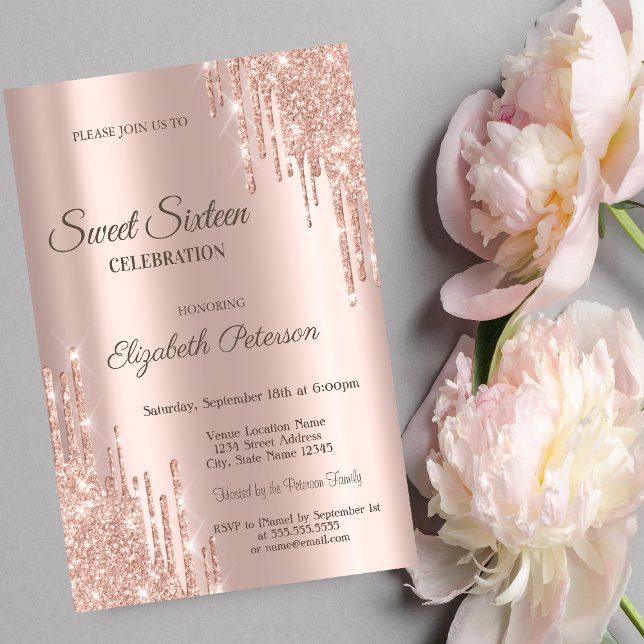 Modern Cool Glitter Drips Rose Gold  Sweet 16 Invitation (Creator Uploaded)