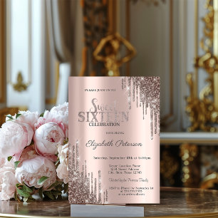 Modern Cool Glitter Drips Rose Gold Sweet 16  Invitation