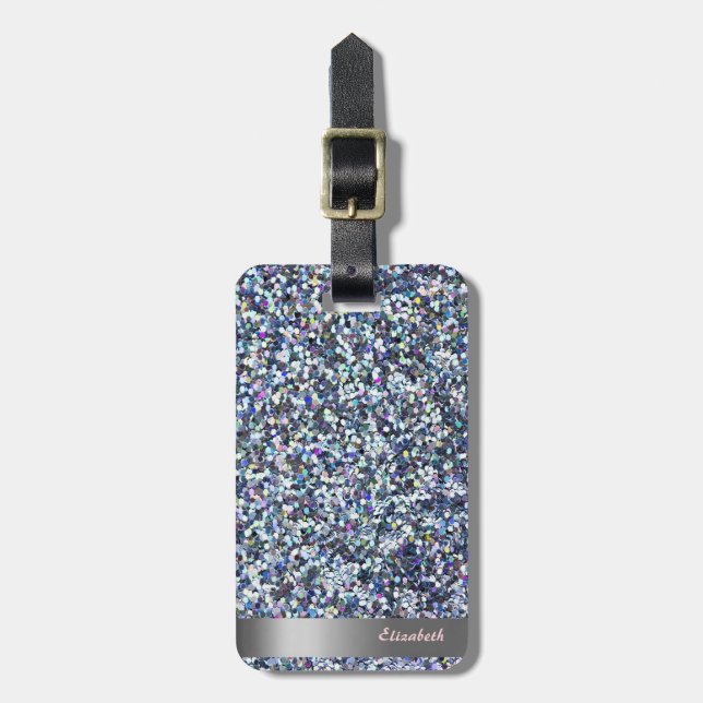 Modern Cool  Glitter Silver Stripe - Personalised Luggage Tag (Front Vertical)