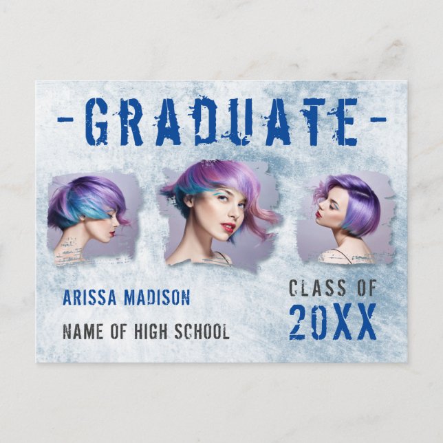 Modern Cool Grunge 3 Photo Blue Grad Announcement Postcard (Front)