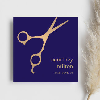 Modern Cool Simple Blue Faux Gold Hair Stylist Square Business Card