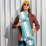Modern Cool Teal White Racing Stripes Monogrammed Skateboard<br><div class="desc">Create your own custom, personalised, modern, cool, stylish, turquoise teal and white racing stripes, classy elegant typography script, best quality hard-rock maple competition shaped skateboard deck. To customise, simply type in your name / monogram / initials. While you add / design, you'll be able to see a preview of your...</div>