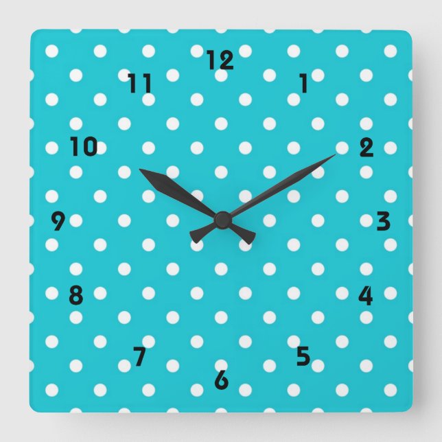 Modern, cool, trendy aqua blue polka dots square wall clock (Front)