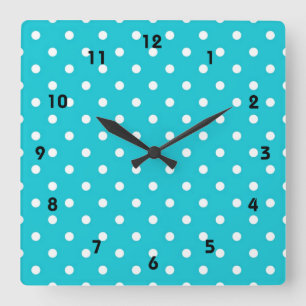 Modern, cool, trendy aqua blue polka dots square wall clock