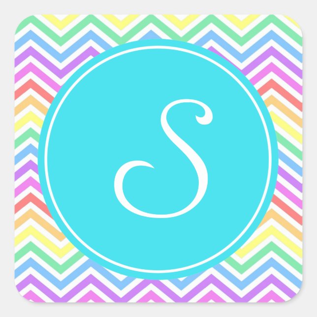 Modern, cool, trendy  rainbow chevron monogram square sticker (Front)