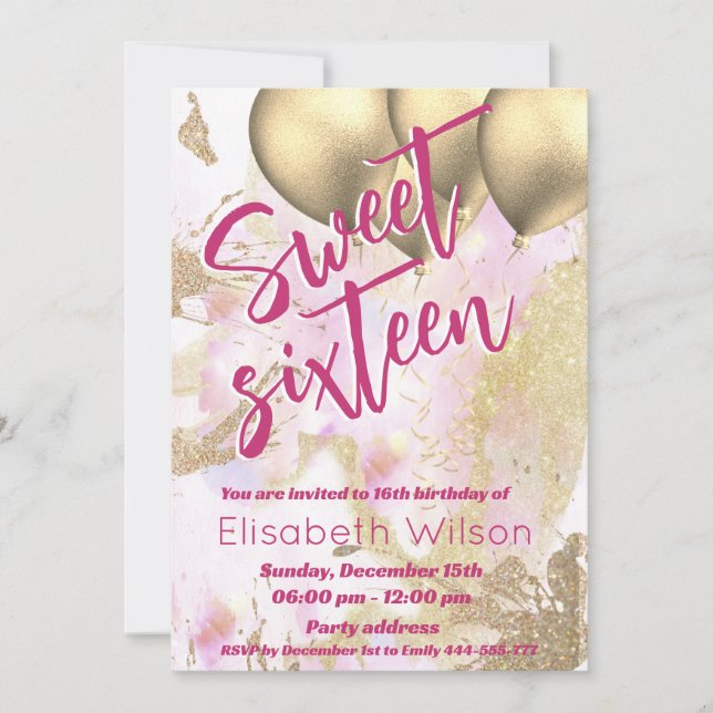 Modern cool watercolor pink gold sweet 16 invitation (Front)