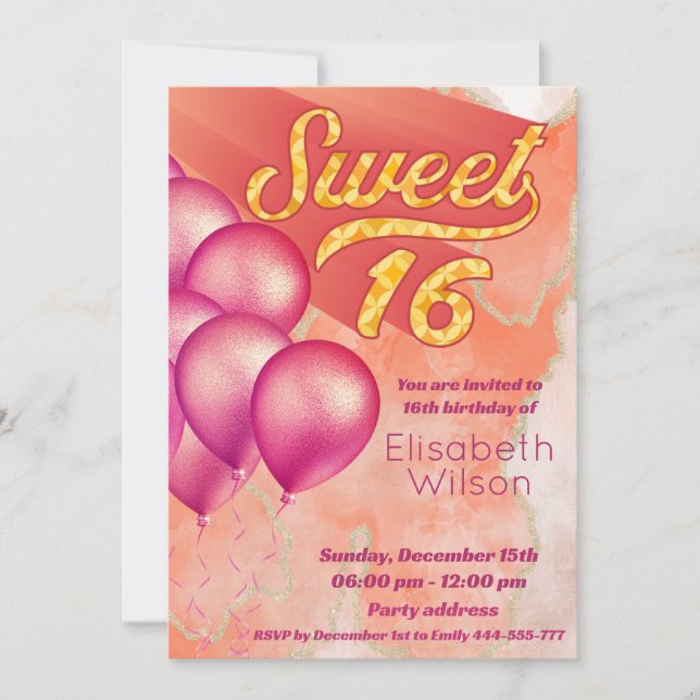 Modern cool watercolor pink orange sweet 16 invitation (Front)