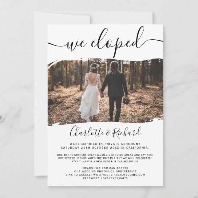 Modern cool wedding we eloped script photo announcement (Front)