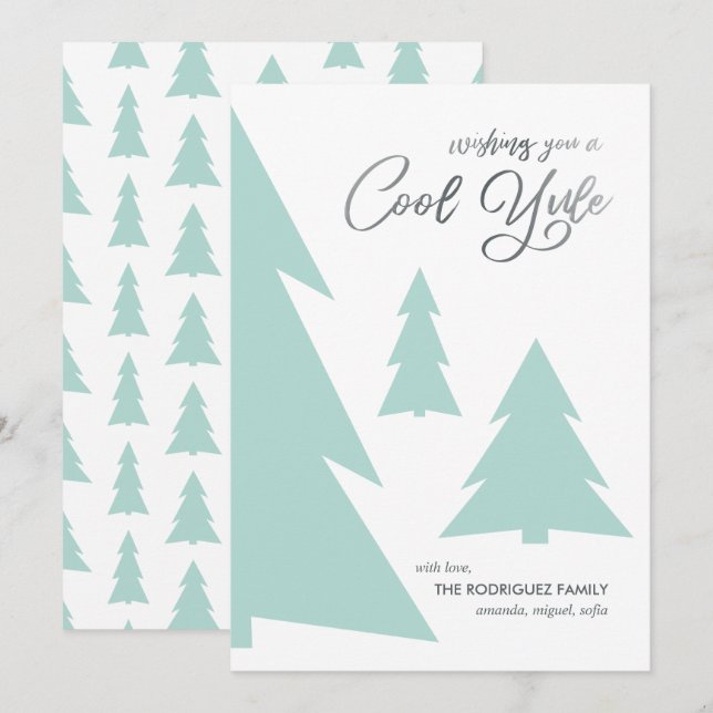Modern Cool Yule Script Light Green Trees Holiday Card (Front/Back)