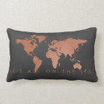 Modern Copper and Grey World Map Pillow<br><div class="desc">Copper world map, shown on a dark grey background pillow (you can pick your own colour to match your decor) with space for your favourite travel-related quote or writing in a few destinations that are on your dream travel list. Because when you love to travel, you can't stop planning your...</div>