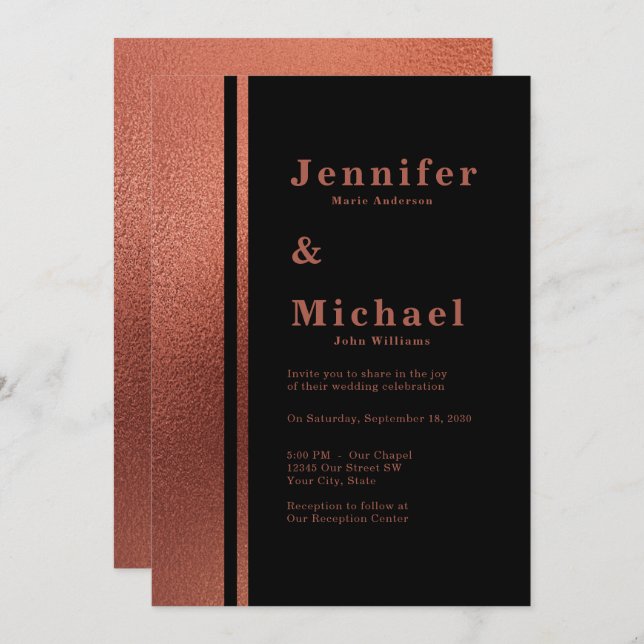 Modern Copper & Black Elegant Wedding Invitation (Front/Back)
