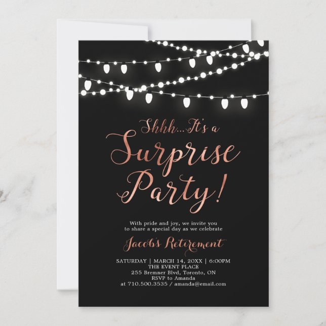 Modern Copper & Black Surprise Retirement Party Invitation (Front)