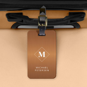 Modern copper brushed metal monogrammed luggage tag