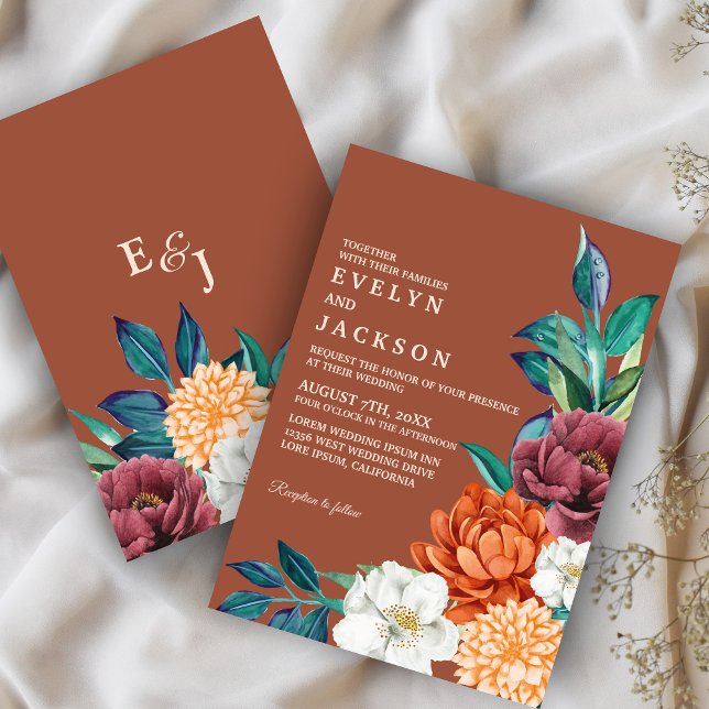 Modern Copper Fall Terracotta Floral Wedding Invitation (Creator Uploaded)