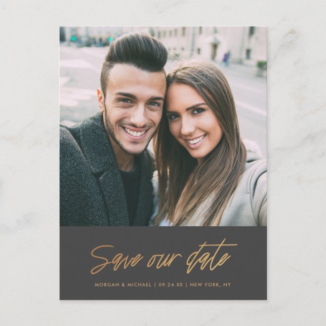 Modern Copper Gold Scrawl | Photo Save our Date Announcement Postcard (Front)