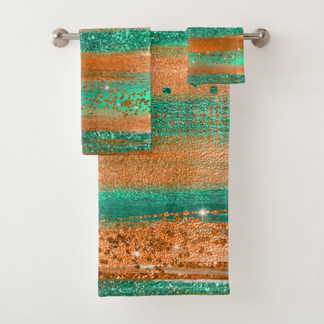 Modern Copper Green Brush Strokes Bath Towel Set (Insitu)
