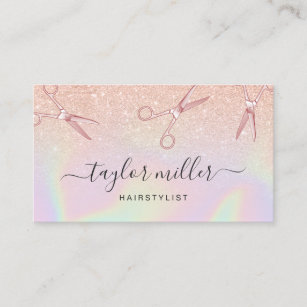 Modern copper rose gold holographic hairstylist business card