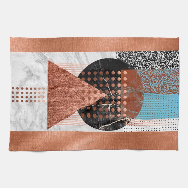 Modern Copper Teal Blue Black Geometric Patterns Tea Towel (Horizontal)