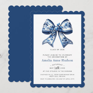 Modern Coquette Blue Floral Bow Graduation Party Invitation