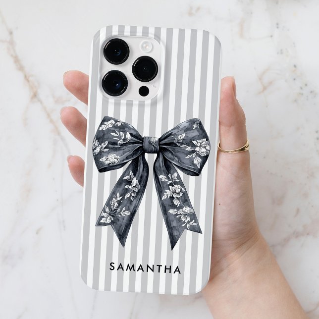 Modern Coquette Grey Stripes Girly Bow Custom Name Case-Mate iPhone Case (Modern Coquette Gray Stripes Girly Bow Custom Name Case-Mate iPhone Case)