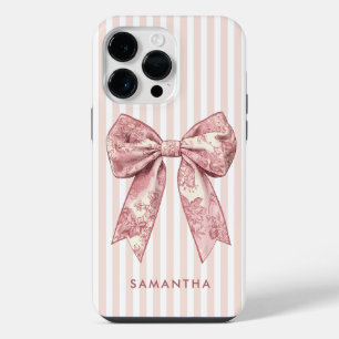 Modern Coquette Pink Stripes Girly Bow Custom Name iPhone 14 Pro Max Case