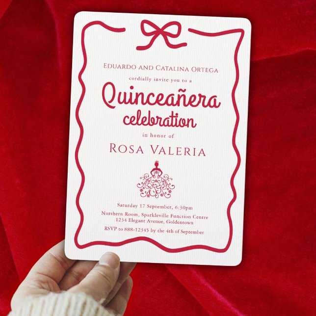 Modern Coquette Quinceanera Invitation (Modern Quinceanera Invitation with coquette style red bow border)