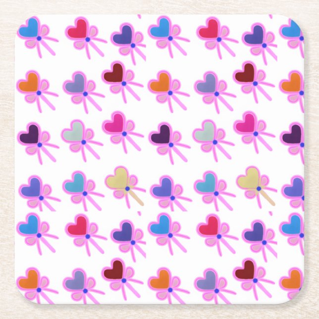 Modern Coquette Radiant Heart Bow Pattern  Square Paper Coaster (Front)