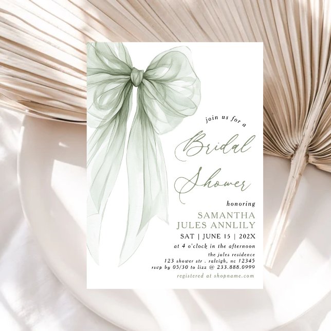 Modern Coquette Sage Green Bow Bridal Shower Invitation (Creator Uploaded)