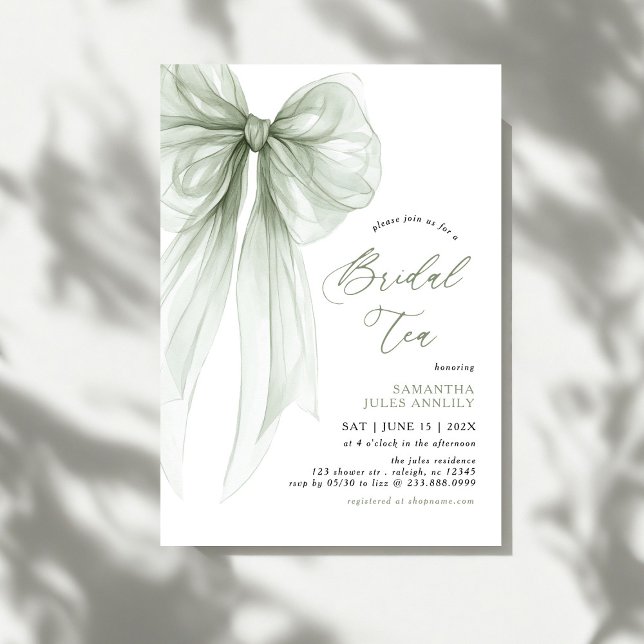 Modern Coquette Sage Green Bow Bridal Tea  Invitation (Creator Uploaded)