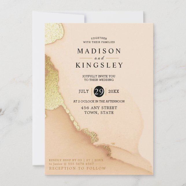 Modern Coral Abstract 🌸 Inky Oil Wedding  Invitation (Front)