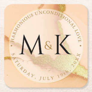 Modern Coral Abstract 💡 Inky Oil Wedding  Square Paper Coaster