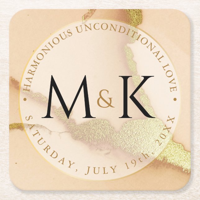 Modern Coral Abstract 💡 Inky Oil Wedding  Square Paper Coaster (Front)