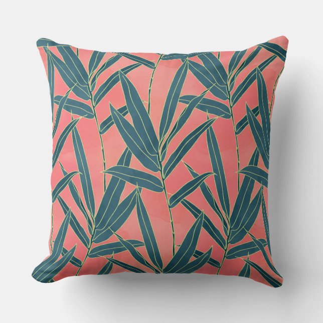Modern coral and blue foliage design cushion (Front)