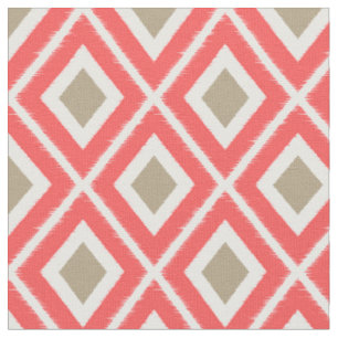 Modern Coral and Brown Beige Ikat Pattern Fabric