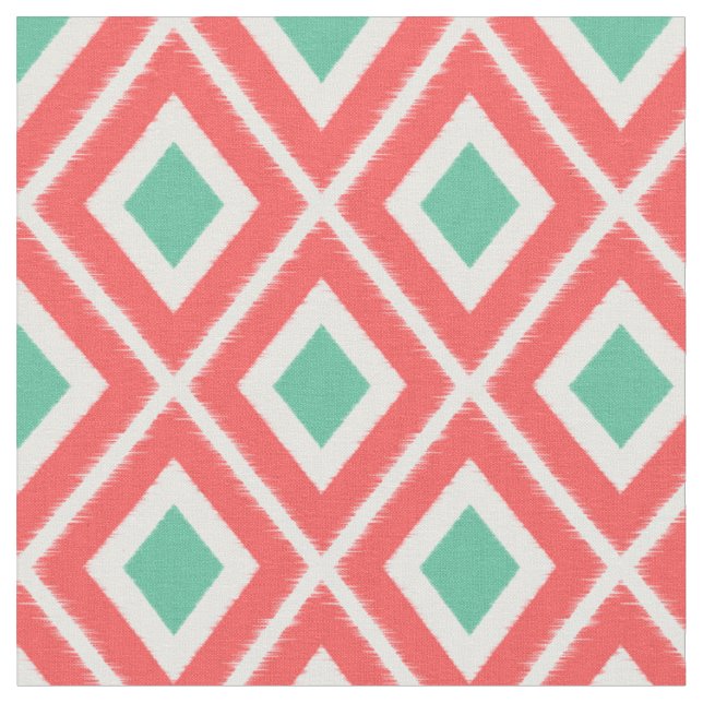 Modern Coral and Green Ikat Pattern Fabric (Close Up)