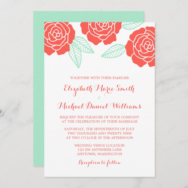 Modern Coral and Mint Rose Wedding Invitations (Front/Back)
