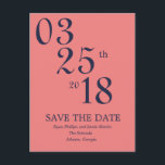 Modern Coral and Navy Save the Date Post Card<br><div class="desc">This Navy on Coral typography design offers a simple and chic way to inform your guest of the big day. The Save the Date and all other text is rendered here in a versatile, Roman font that can be easily modified to suit your wishes. The background colour can be changed...</div>