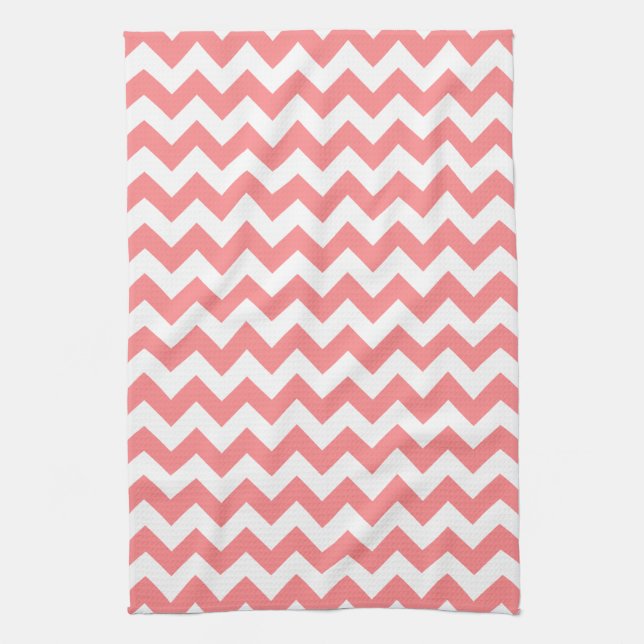 Modern Coral and White Chevron Zigzag Pattern Tea Towel (Vertical)