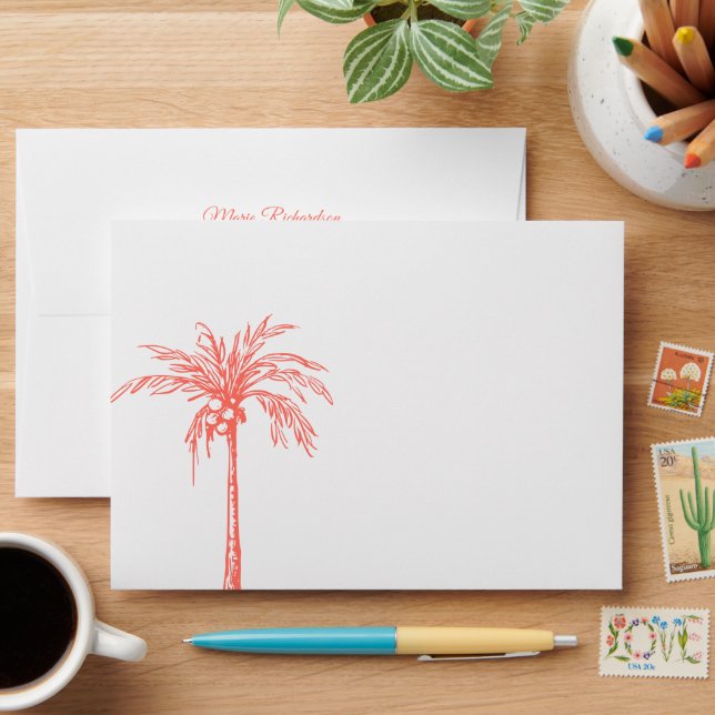 Modern Coral and White Palm Tree Beach Wedding Envelope (Desk)