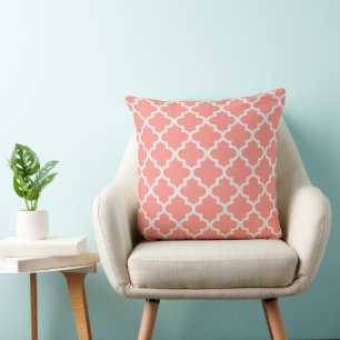 Modern Coral and White Quatrefoil Pattern Cushion