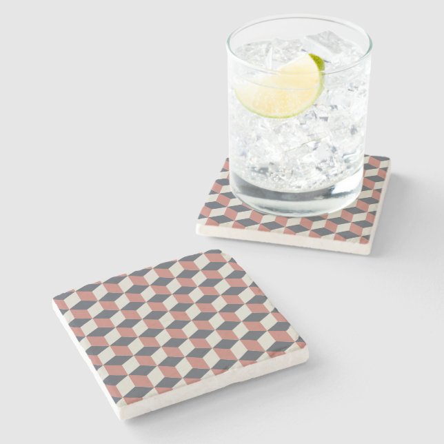 Modern Coral Blue Geometric Pattern Stone Coaster (Side)