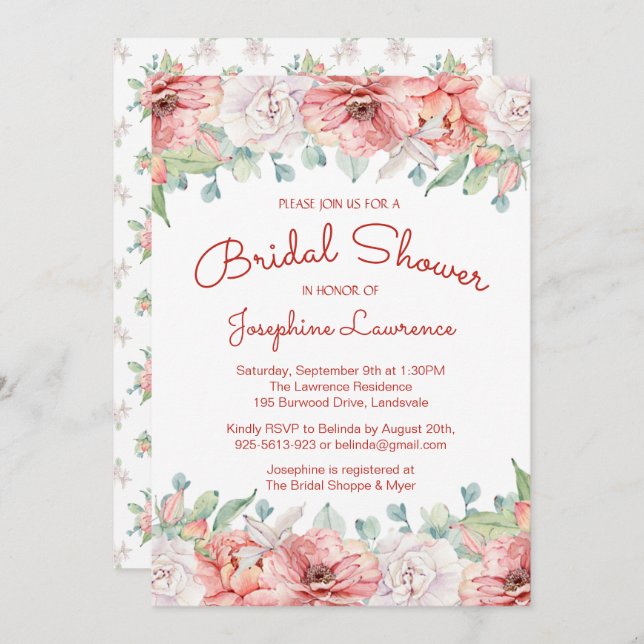 Modern Coral Blush Pink Floral Bridal Shower Invitation (Front/Back)