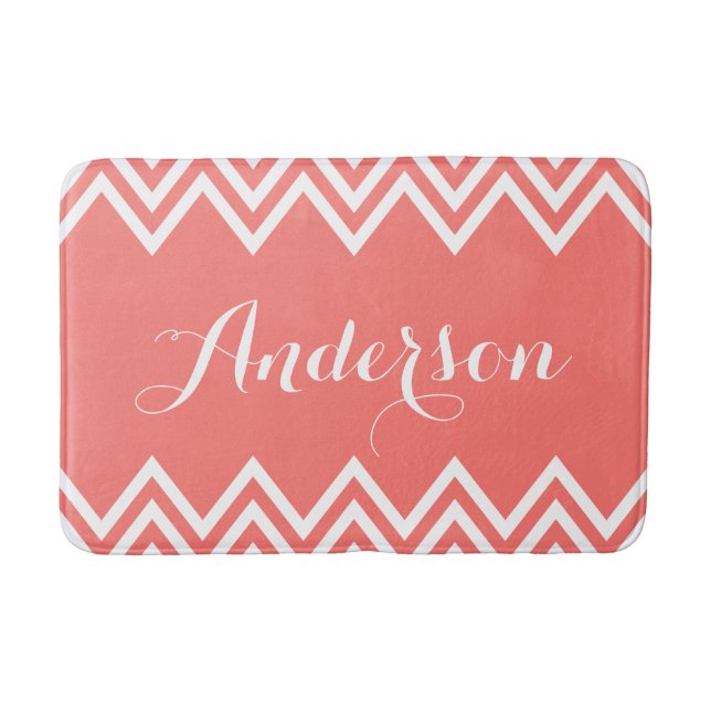 Modern Coral Chevron Custom Monogram Bath Mat (Front)