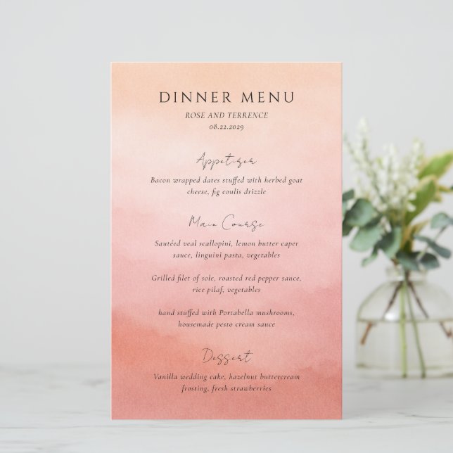 Modern Coral Coastal Chic Elegant Wedding Menu (Standing Front)